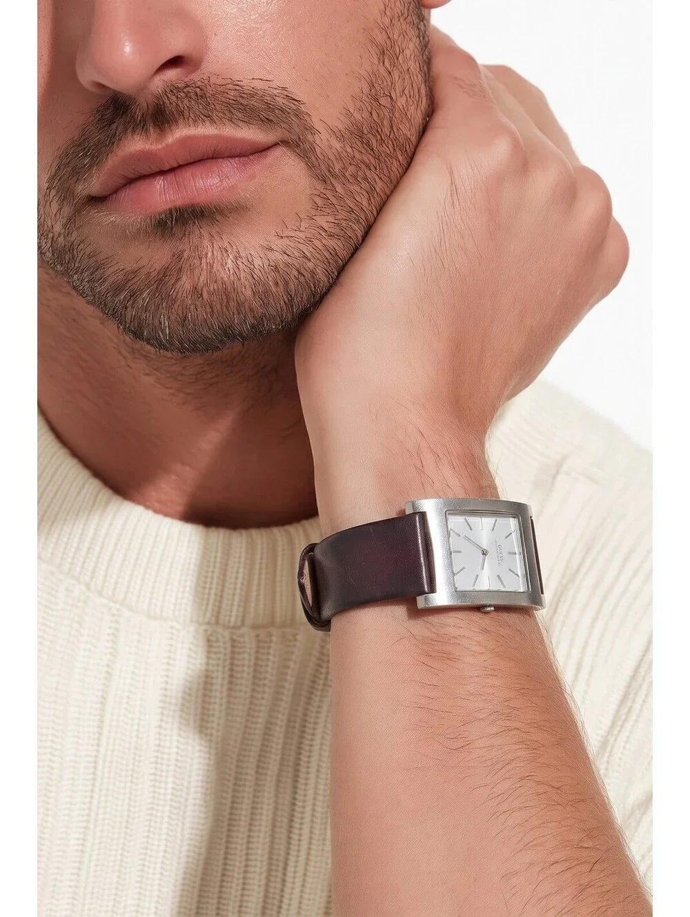 GUESS G85061G Men's Rectangular Silver Dial Brown Leather Watch